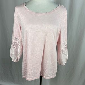Nearly New Pink Eyelet Lace Trimmed 3/4 Sleeve Top